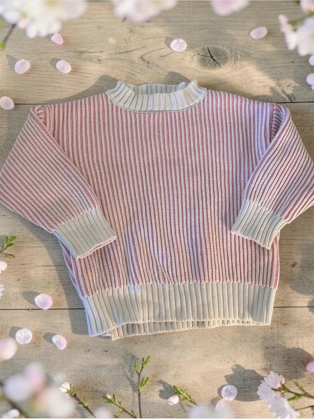 NEW!! Girls' Pink & White Striped V‑Neck Knit Sweater
